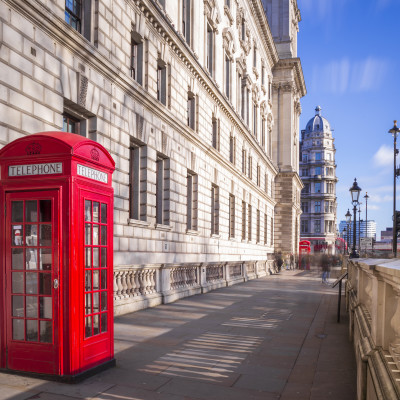 Traditional red British telephone box