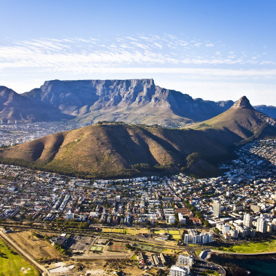 Aerial view of Cape Town, with Green Point and Sea Point, Table Mountain, Lion's Head, Signal Hill and Devil's Peak