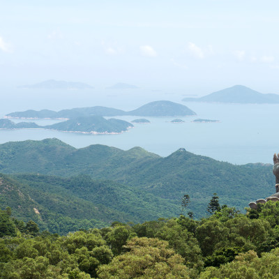 Hong Kong, Lantau Island Giant Buddha of Po Lin Monastery with blue sky, Asia