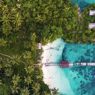 Aerial view of old bridge in Raja Ampat, West Papua, Indonesia, Asia