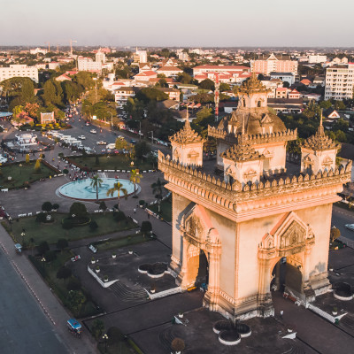 Patuxay, Vientiane Laos, Sunrise in the morning at at Patuxai. top view, aerial view, Asia