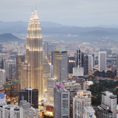 Aerial view of Kuala Lumpur at nightfall, Malaysia, Asia