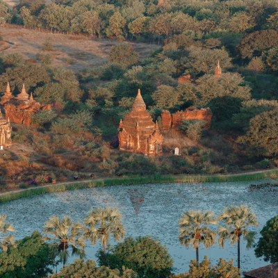 Ancient pagodas in Bagan with altitude balloon Myanmar, Asia