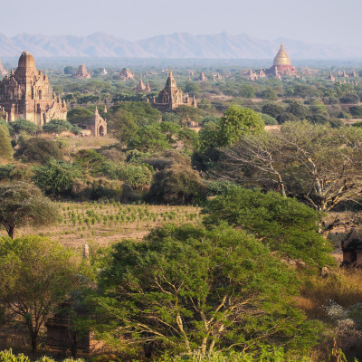 Sunrise over the valley with the ancient pagodas in Bagan, Myanmar, Asia