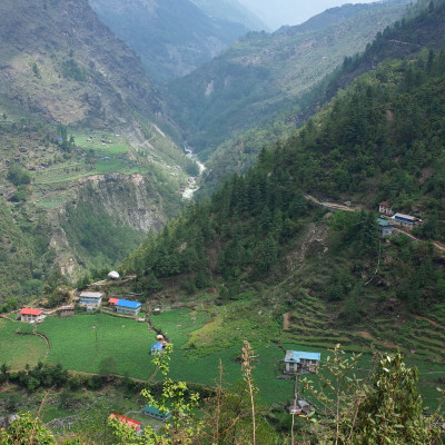 Green mountain landscape. Surke village and Dudh Koshi valley near Lukla, Solukhumbu, Everest Region, Nepal, Asia