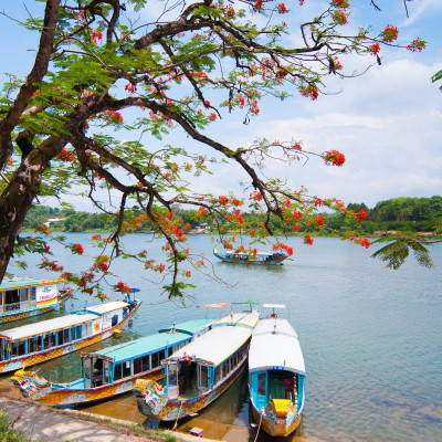 A boat station at Perfume River near Thien Mu pagoda, Hue, Vietnam, Asia