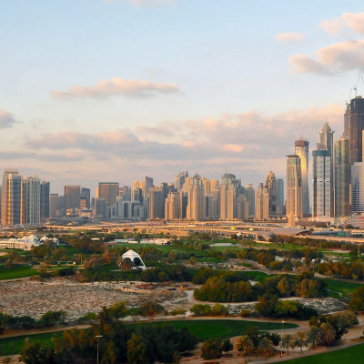 An early morning panoramic view of Dubai high-rises