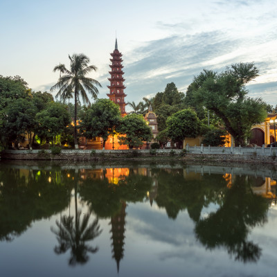 Tran Quoc pagoda during sunset time, the oldest temple in Hanoi, Vietnam. Hanoi cityscape