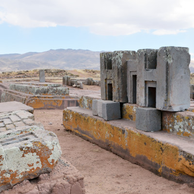 Ruins of Pumapunku or Puma Punku part of a large temple complex or monument group that is part of the Tiwanaku Site near Tiwanaku, Bolivia, South America