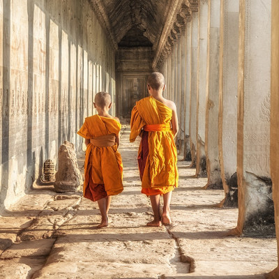 Enchanting Travels Cambodia Tours Two neophytes walking in an Angkor Wat, Siem Reap, Cambodia Vacation