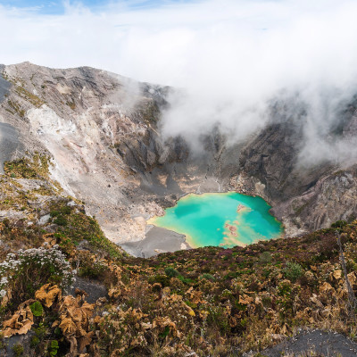 Panorama Volcano Irazu with emerald lake in the crater. Central America. Costa Rica