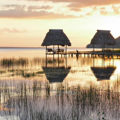 Sunset landscape at the lake Peten Itza in El Ramate, Guatemala, Central America