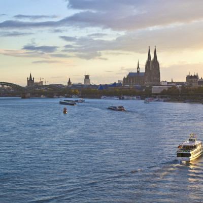 ship on river Rhein by Cologne in Germany, Europe