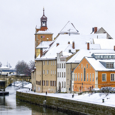 Regensburg, city view waterfront, Germany, Southern Germany