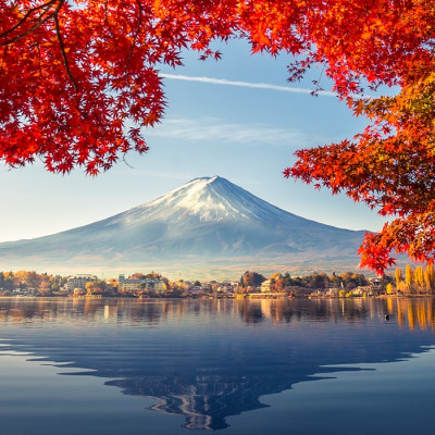 Enchanting Travels Japan Tours Colorful Autumn Season and Mountain Fuji with morning fog and red leaves at lake Kawaguchiko is one of the best places in Japan