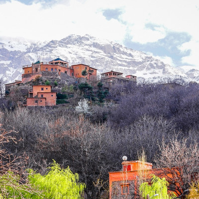 Exterior view of Kasbah du Toubkal Hotel in High Atlas, Morocco