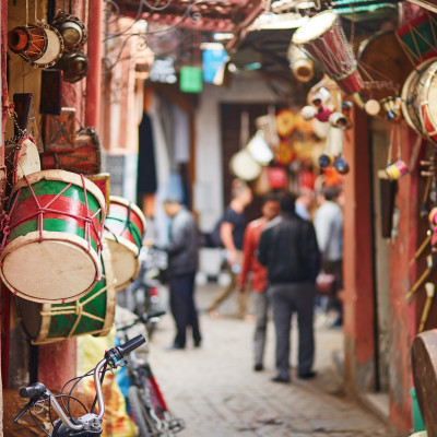 A selection of drums being sold at a souk in Marrakech