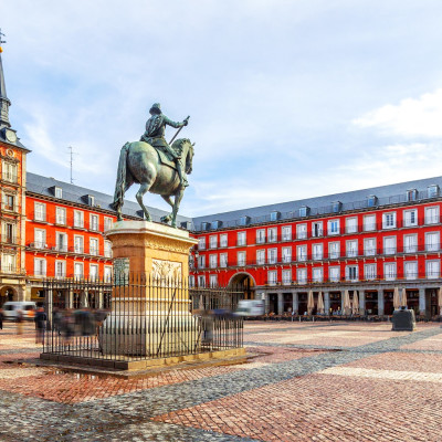 Plaza Mayor with statue of King Philips III in Madrid, Spain