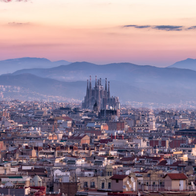 Sagrada familia and panorama view of barcelona city at dusk ,Spain