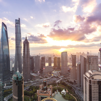 Shanghai skyline and cityscape at sunset