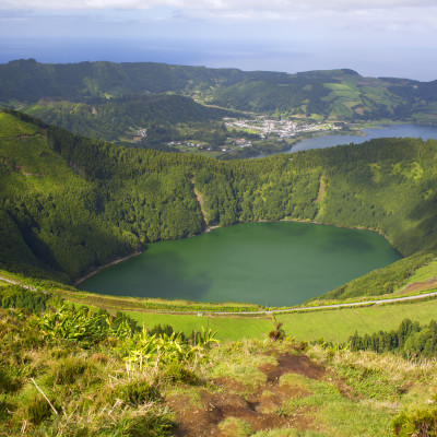 View lake Lagoa de Santiago and Lagoa Azul at Sao Miguel Island