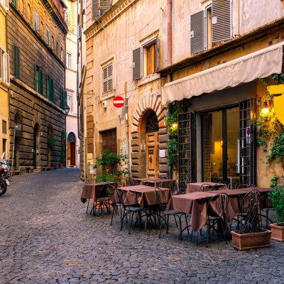 View of old cozy street in Rome, Italy. Architecture and landmark of Rome. Postcard of Rome.