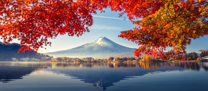 Enchanting Travels Japan Tours Colorful Autumn Season and Mountain Fuji with morning fog and red leaves at lake Kawaguchiko is one of the best places in Japan