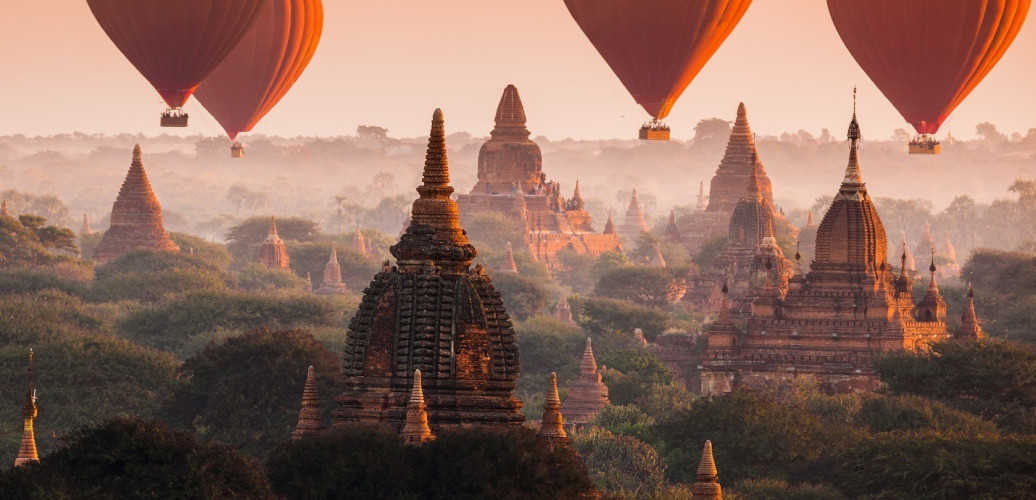 Hot air balloon over Bagan in misty morning, Myanmar, Asia