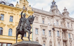 Statue of Ban Jelacic against the buildings on the main city square in Zagreb, Croatia