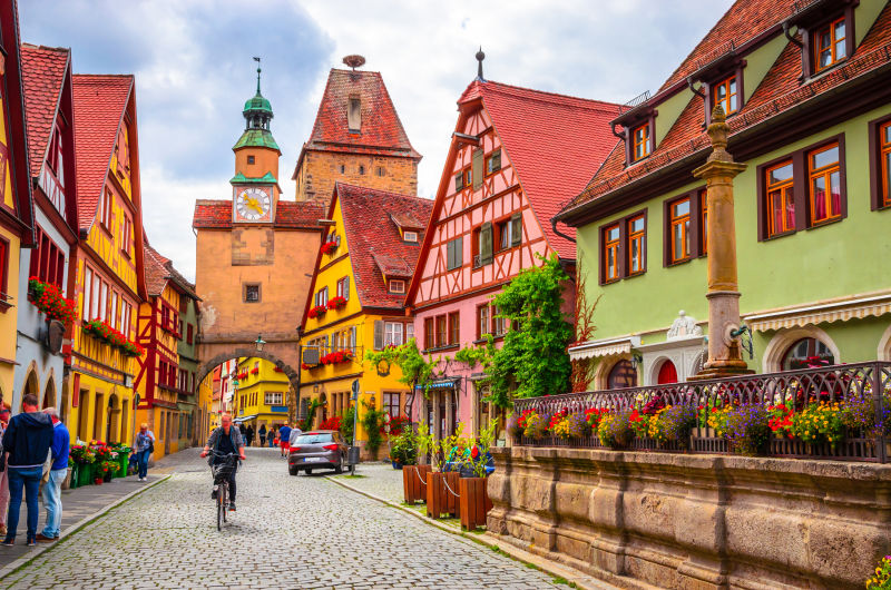 Beautiful streets in Rothenburg ob der Tauber with traditional German houses Bavaria Germany
