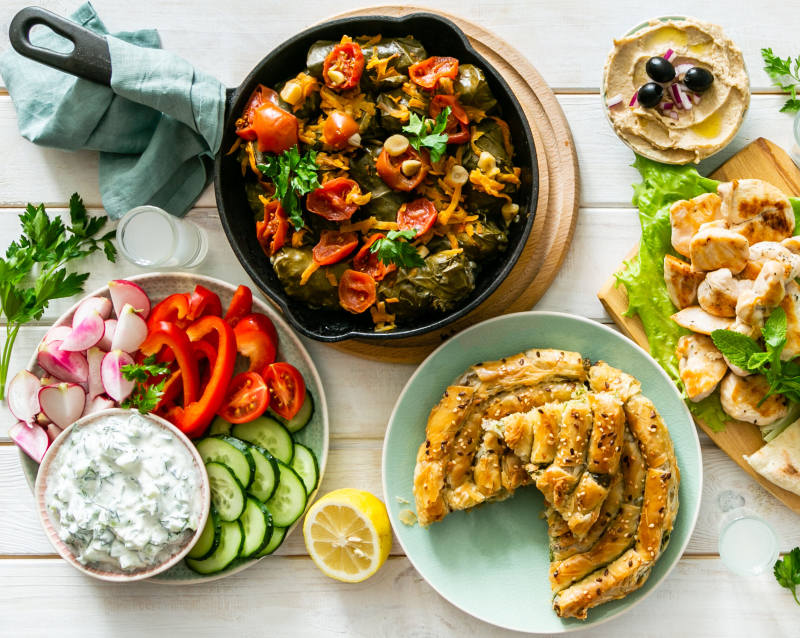 Selection of Traditional Greek Food - Salad Meze Pie Fish