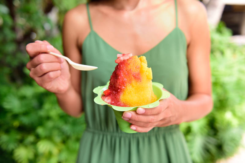 Shave ice - hawaiian shaved ice dessert-Close up of traditional local Hawaii dessert food