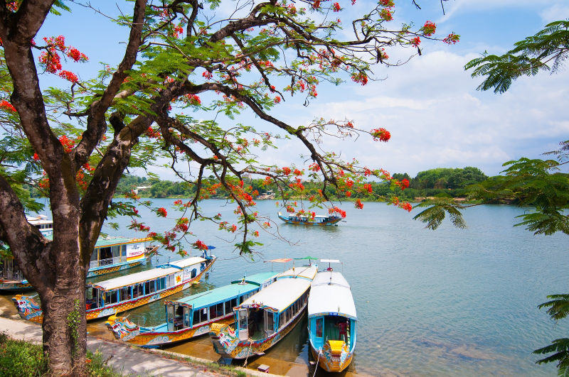 A boat station at Perfume River near Thien Mu pagoda, Hue, Vietnam, Asia
