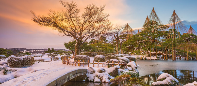 Kanazawa, Japan winter at Kenrokuen Garden at dawn