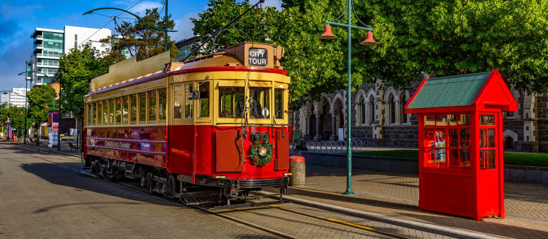 New Zealand, South Island. Christchurch, Canterbury Region. Restored heritage tram at Worcester Boulevard