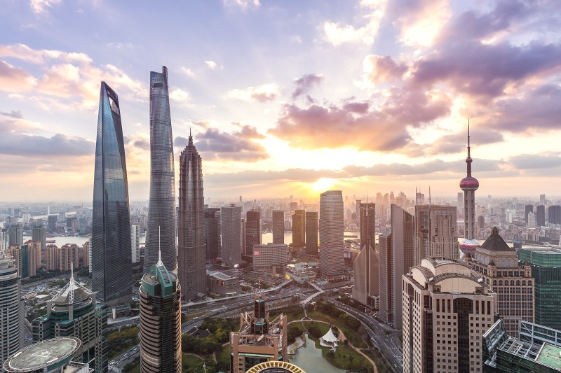 Shanghai skyline and cityscape at sunset