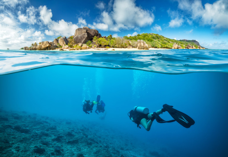 Divers,Below,The,Surface,In,Seychelles,Exploring,Corlas