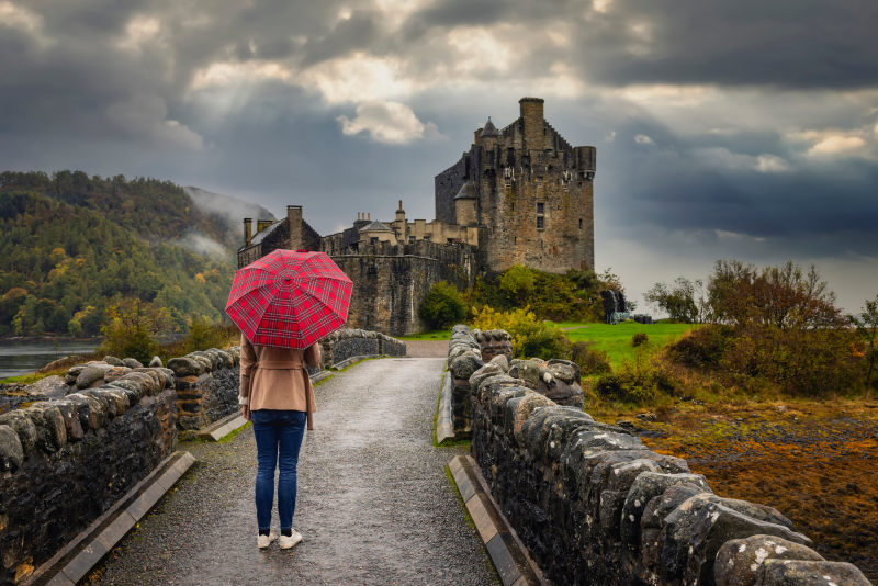 tourist-woman-scottish-pattern-umbrella-walks