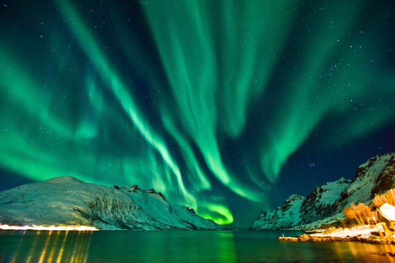 Aurora Borealis in Tromso Norway in front of the Norwegian fjord