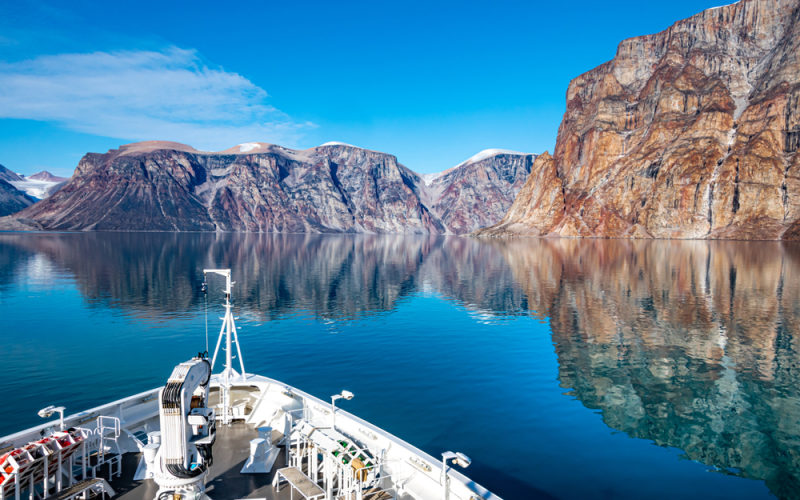 Mountains Reflection expedition Cruise Ship In Sam Ford Fjord Arctic Canada
