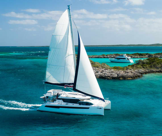 Moorings 5000 under sail in the Exumas, Bahamas