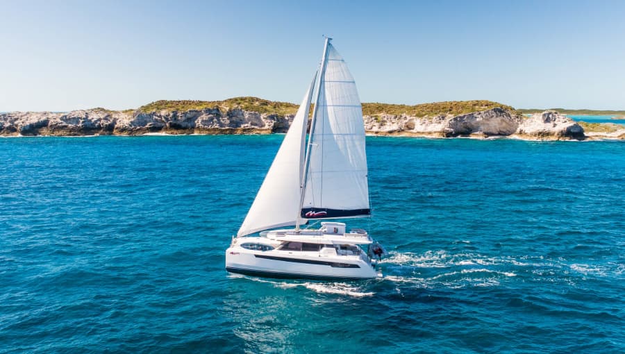 Moorings 5000 under sail in the Exumas, Bahamas