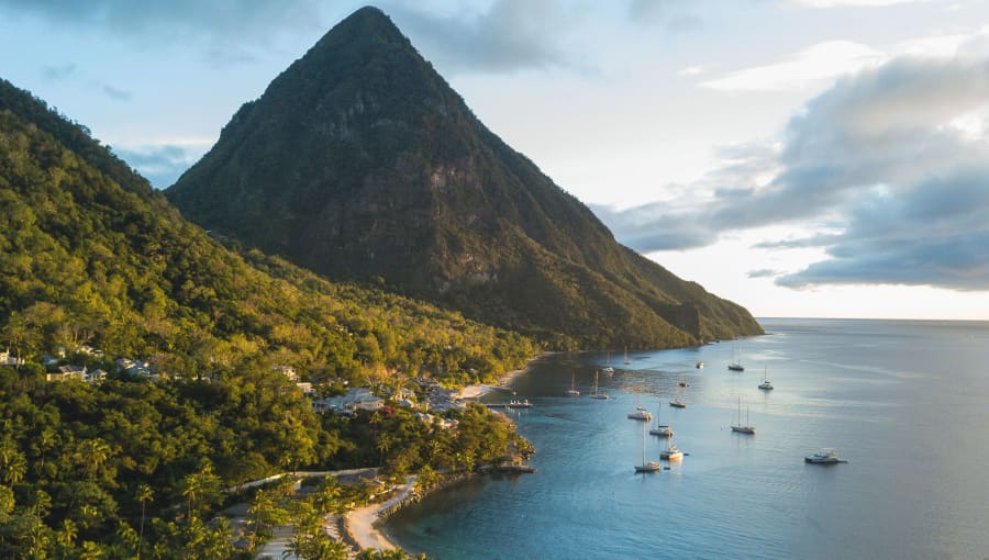 Sailboats anchored near the Pitons in St. Lucia