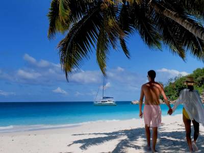 Couple walking along the beach with their charter yacht in the background