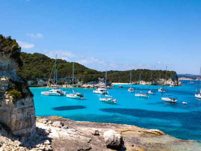 Catamarans Anchoring Corfu Coastline Greece