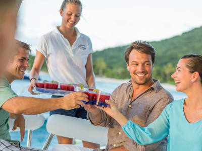 Cocktails served on the fly bridge of a Crewed Moorings 5800