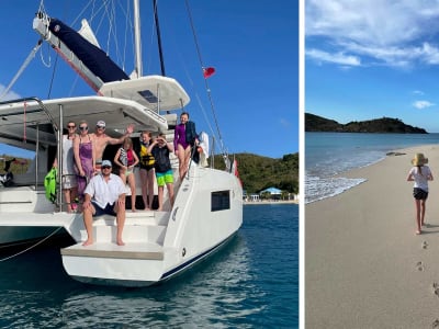 The Gration and Pearson Families enjoying their Moorings catamaran / Girl walking along beach