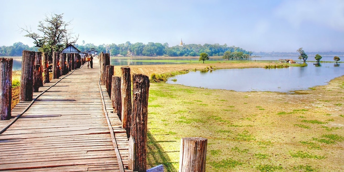 Local People Fishing from a Boat Near U Bein Bridge, Amarapura