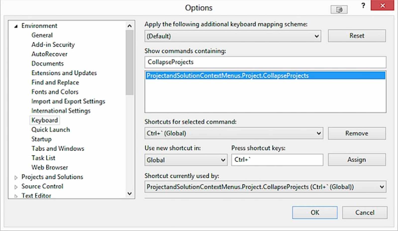 Keyboard shortcut to collapse all projects in Solution Explorer
