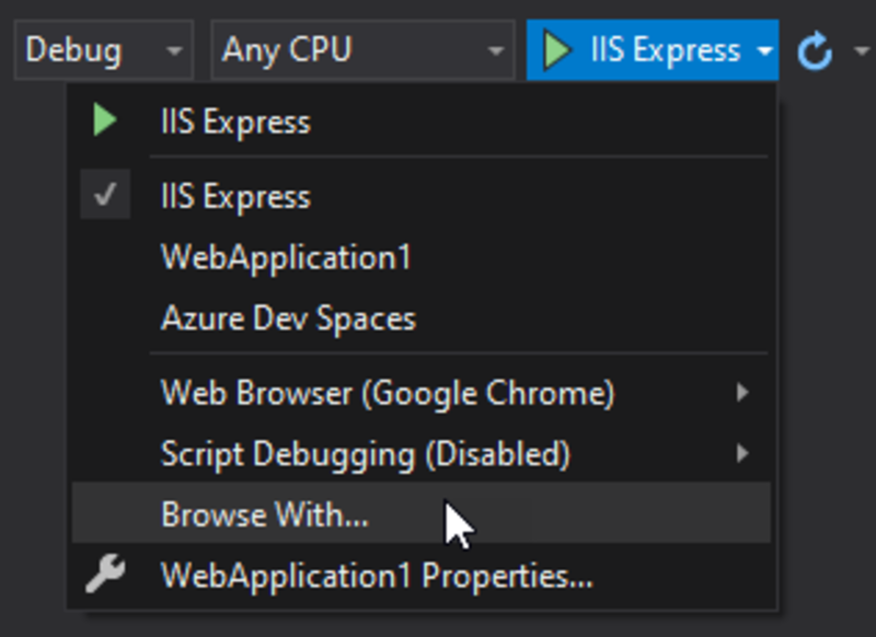 Debugging web apps in Visual Studio with custom browser configurations